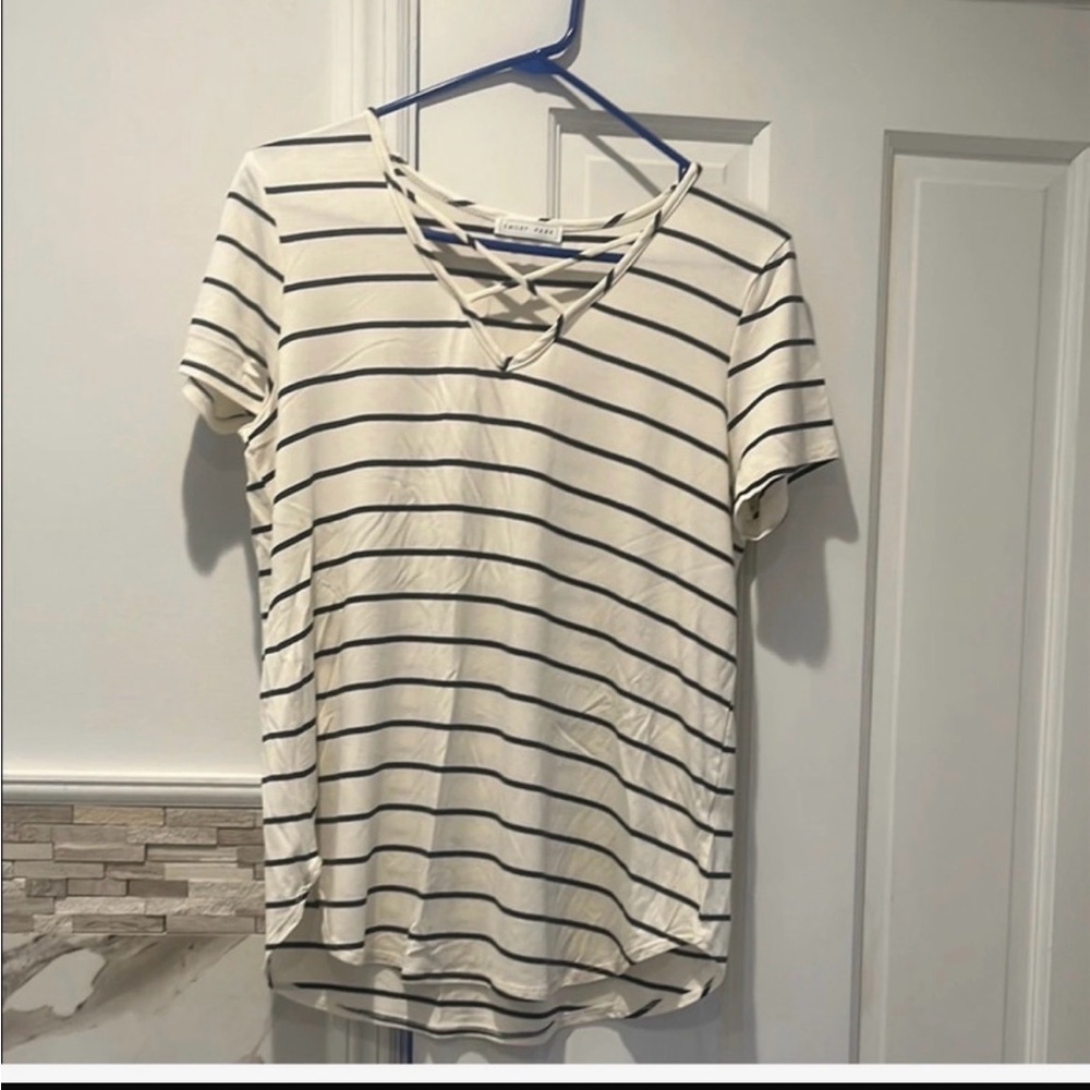 Caslon Cream and Black Striped V-Neck Tee